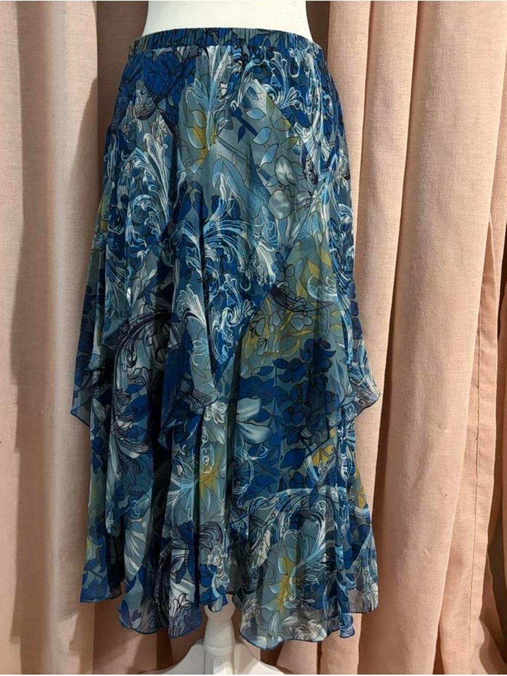 Y2k Blue Floral Ruffle Midi Skirt Sz 16